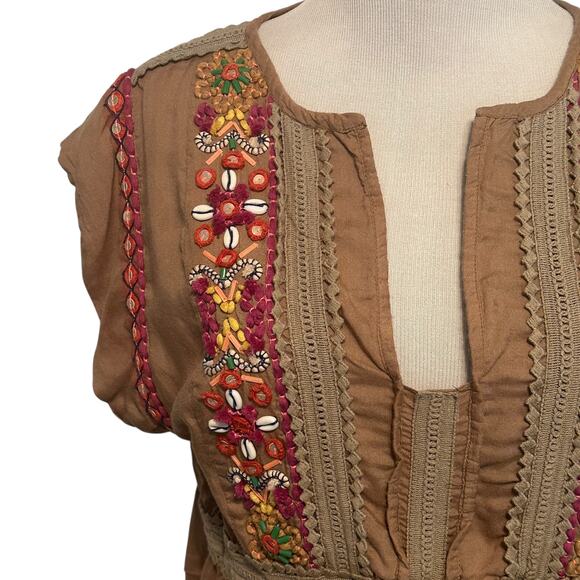 Bl^nk London Sedona Top Womens Medium Mocha Embellished Embroidered Beaded Boho - Picture 3 of 11